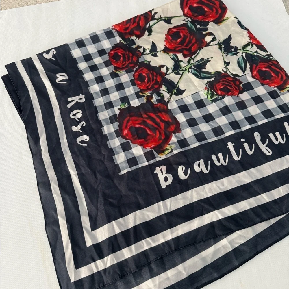 Clever Carriage Company Rose Patterned Scarf - Black and Red 💯 Silk - Picture 7 of 11